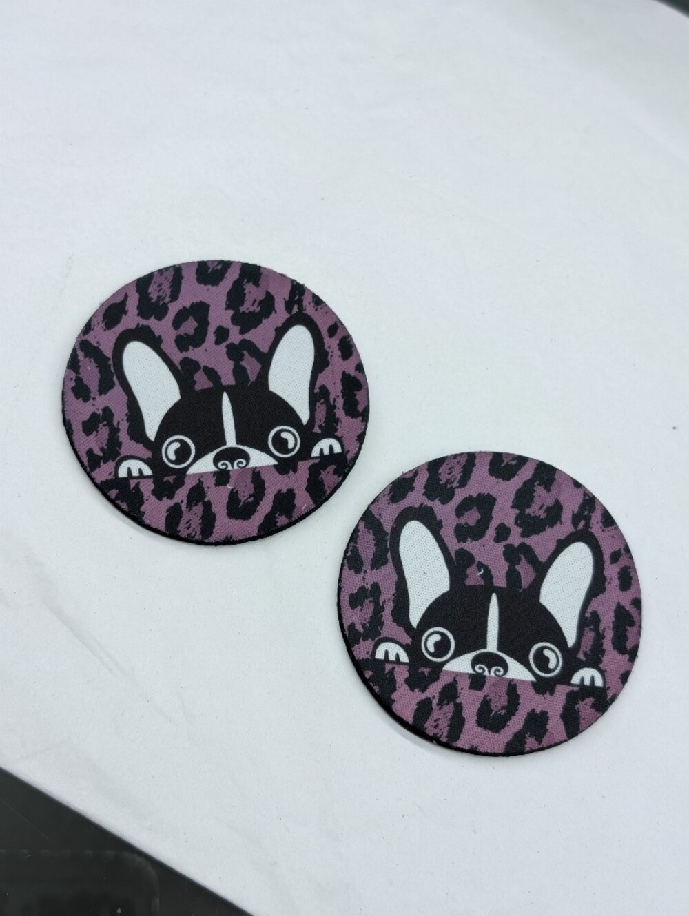 Frenchie Car Coasters W/Leopard Print Background